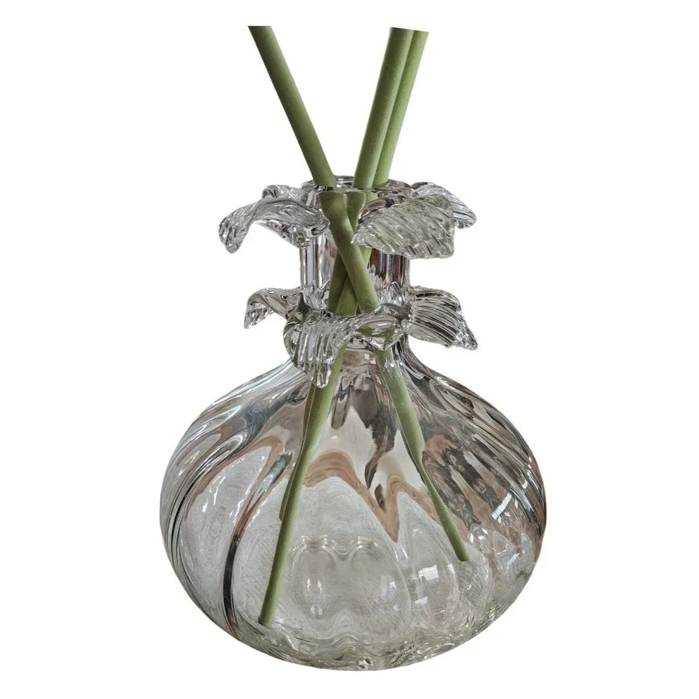 Clear Ribbed Glass Bud Vase with Ruffled Collar and Faux Pink Poppy Flowers